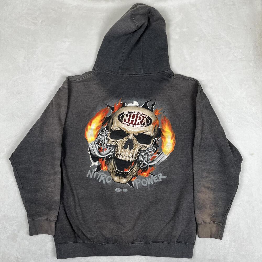 NHRA Hoodie Mens 2XL Gray Pullover Fleece Sweatshirt Skull Nitro Power Pennant